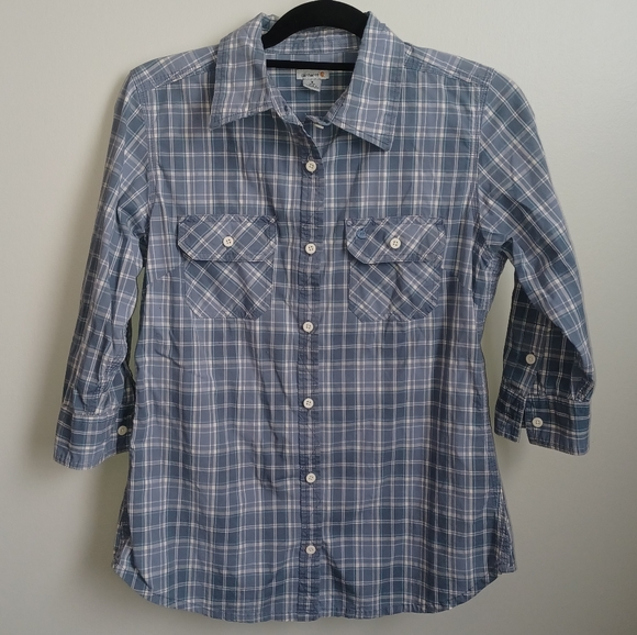 Carhartt Plaid Button-down 3/4 sleeves Women's size S 4/6 Blue Gray White summer - Picture 1 of 17